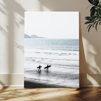 Surfer Silhouettes Wall Art Canvas Print, Framed Minimalist Ocean Art, Soft Horizon Coastal Decor