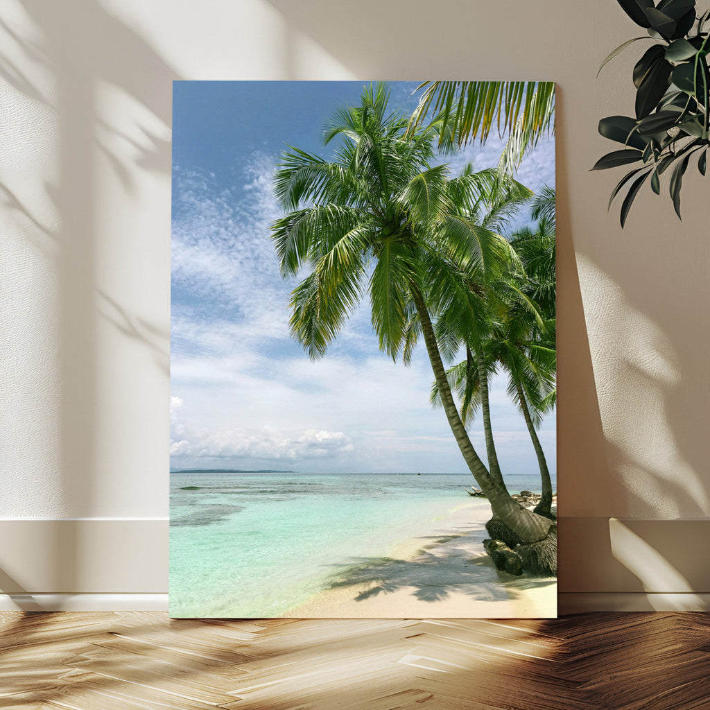 Tropical Beach Palm Trees Canvas Print, Framed Island Coastal Wall Art Ocean Horizon