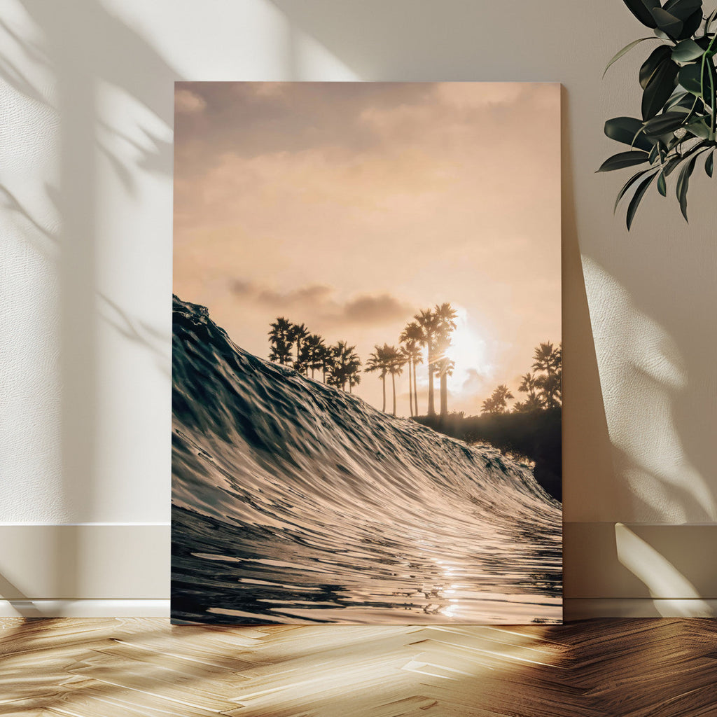 Sunset Wave Ocean Wall Art | Framed Palm Tree Canvas