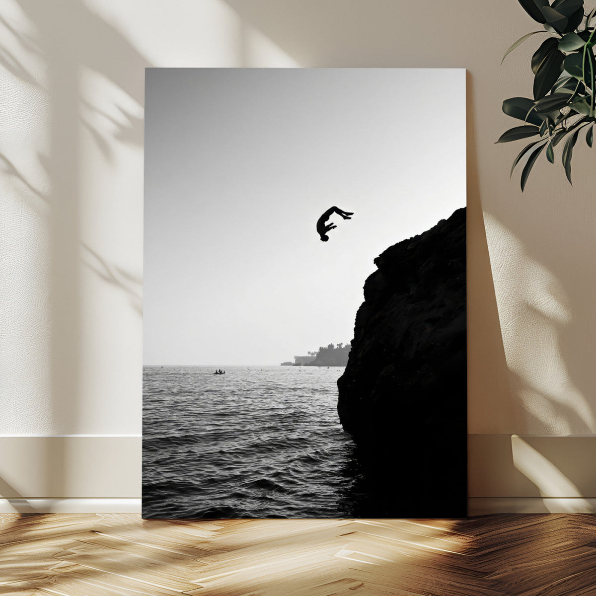 Silhouette Cliff Diver Wall Art | Framed Black White Ocean Canvas