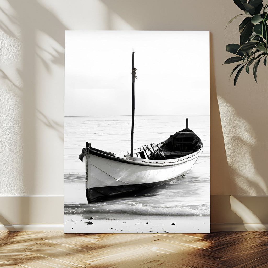 Minimal Boat Wall Art Canvas Print | Black and White Coastal Photography