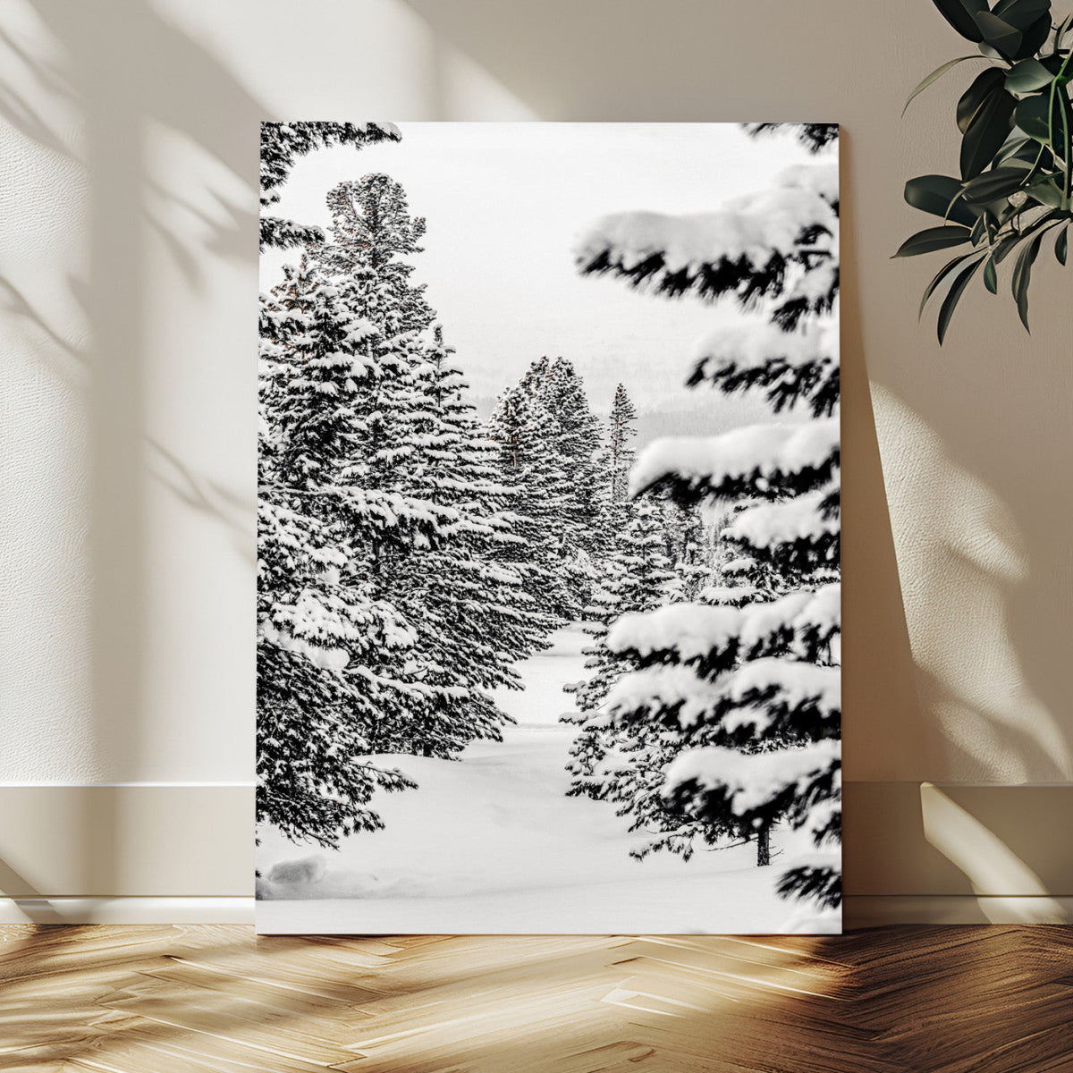 Winter Pine Forest Wall Art Canvas Print, Minimal Winter Landscape