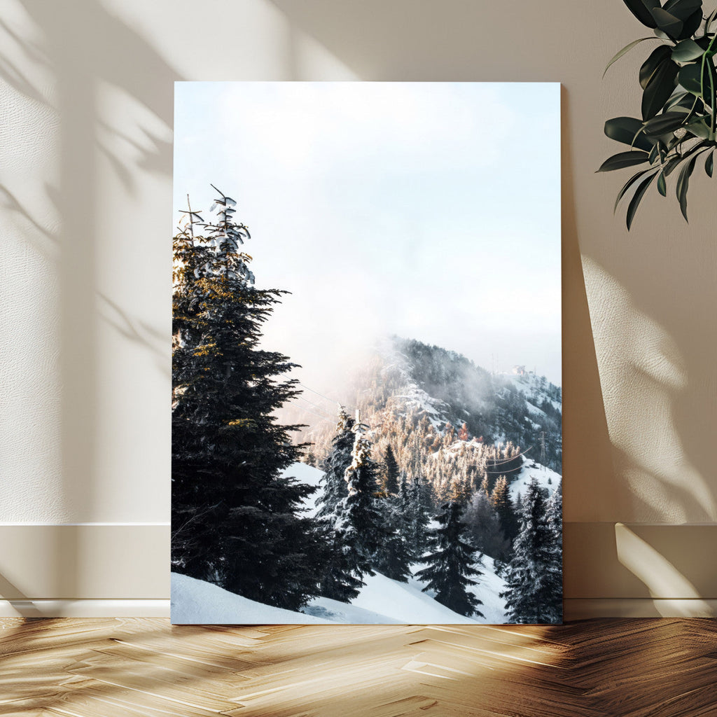 Snowy Mountain Forest Wall Art Canvas Print, Winter Pine Landscape