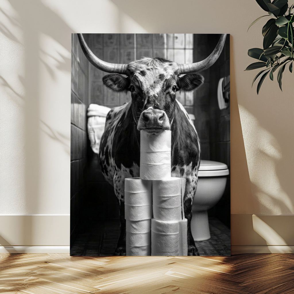 Texas Longhorn Cow Toilet Paper Canvas Wall Art, Funny Bathroom Decor