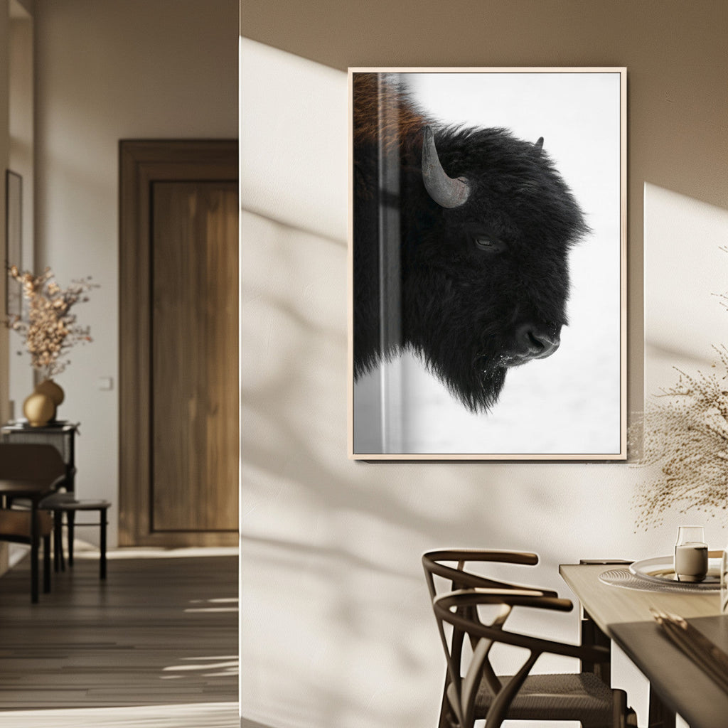 Western Rustic Wall Art Canvas Print, Framed Black and White Buffalo Photography, Wildlife Country Decor