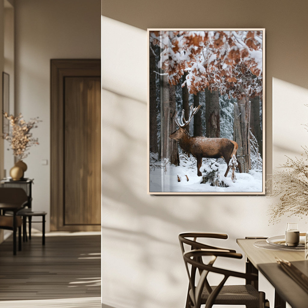 Serene Landscape Wall Art Canvas Print, Framed Winter Wonderland Deer Art, Rustic Cabin Decor
