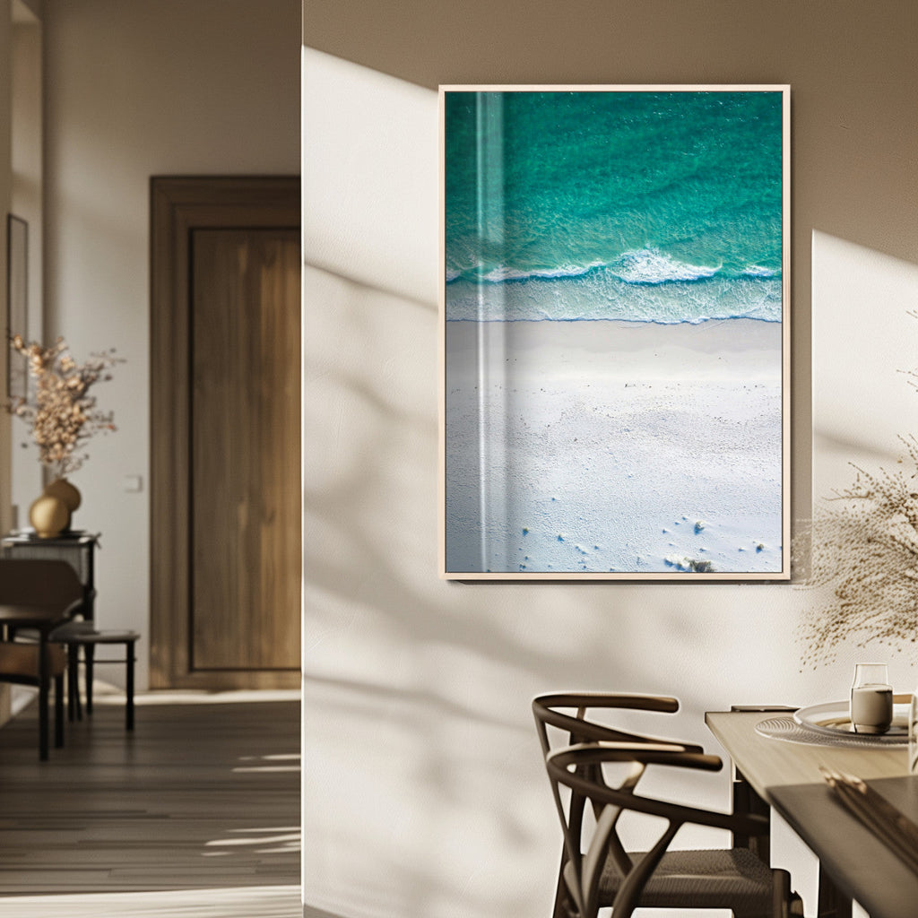 Turquoise Ocean Wall Art Canvas Print, Framed White Sand Shore Art, Gentle Waves Coastal Decor