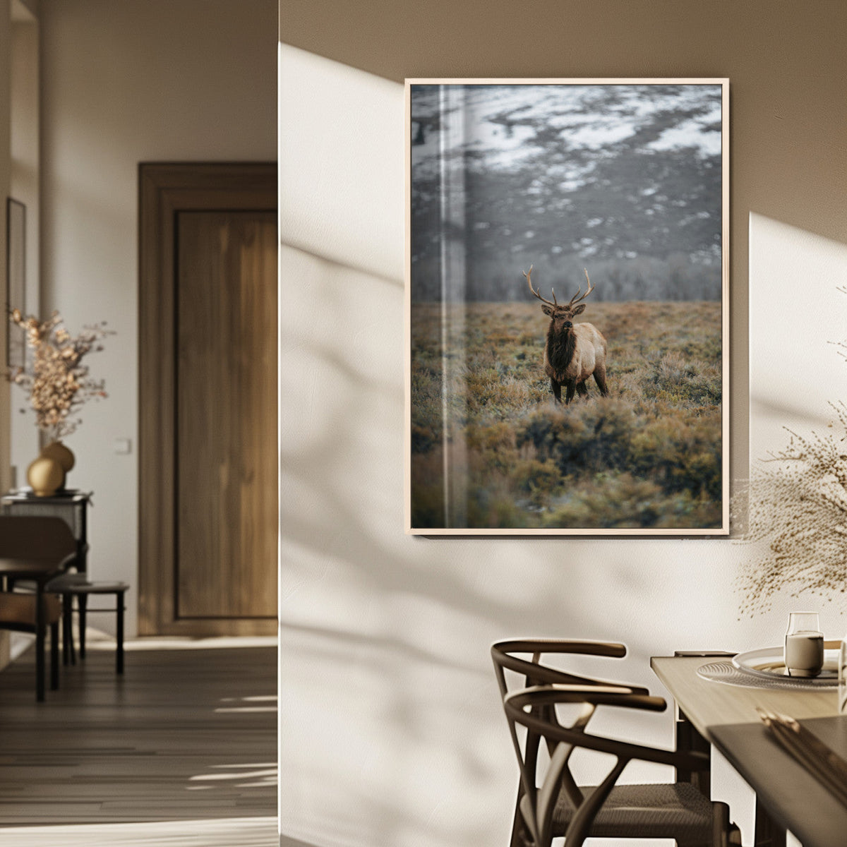 Wild Elk Wall Art Canvas Print, Framed Mountain Wilderness Majestic Animal Artwork