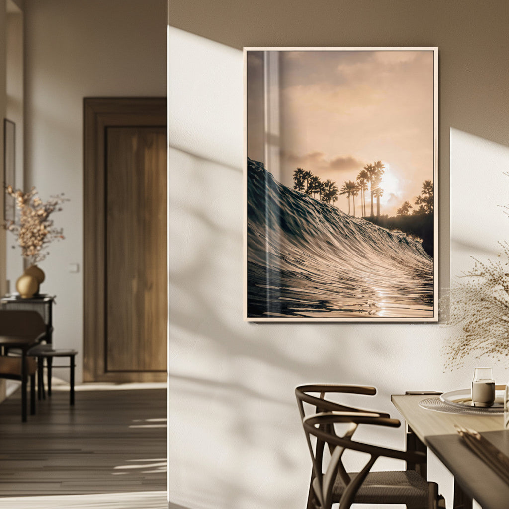 Sunset Wave Ocean Wall Art | Framed Palm Tree Canvas