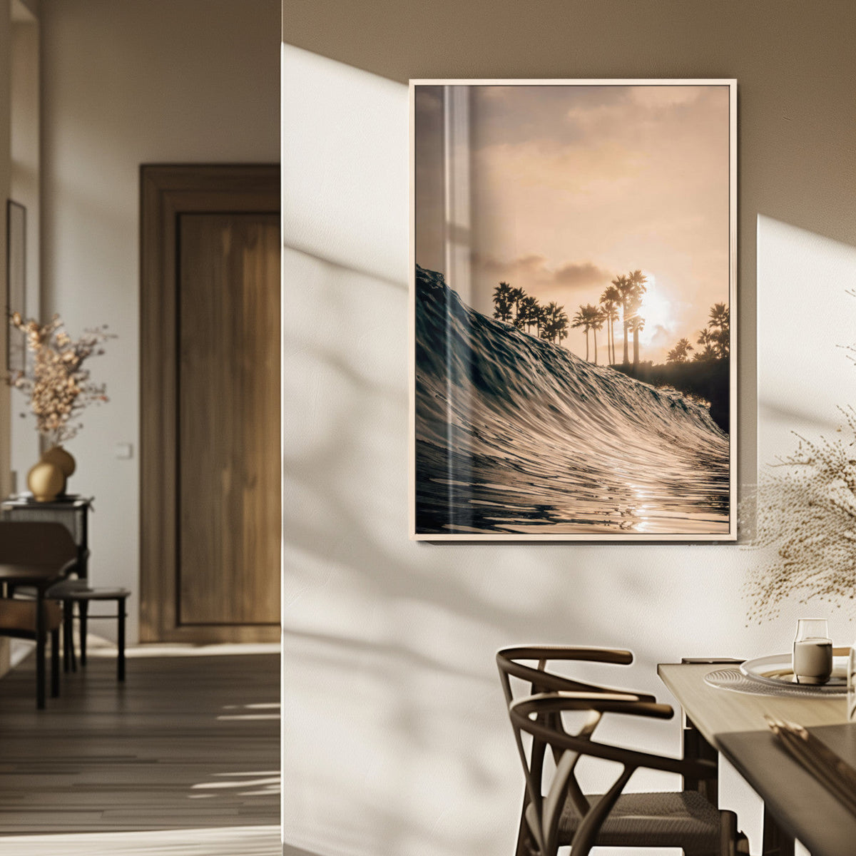Sunset Wave Ocean Wall Art | Framed Palm Tree Canvas