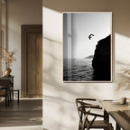 Silhouette Cliff Diver Wall Art | Framed Black White Ocean Canvas