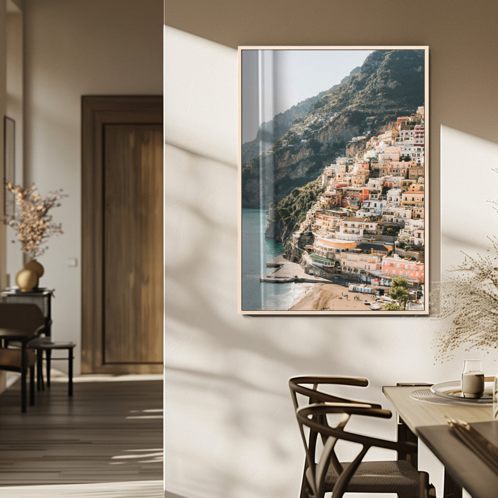 Mediterranean Coastal Cliffside Town Wall Art | Vibrant Seaside Canvas Print
