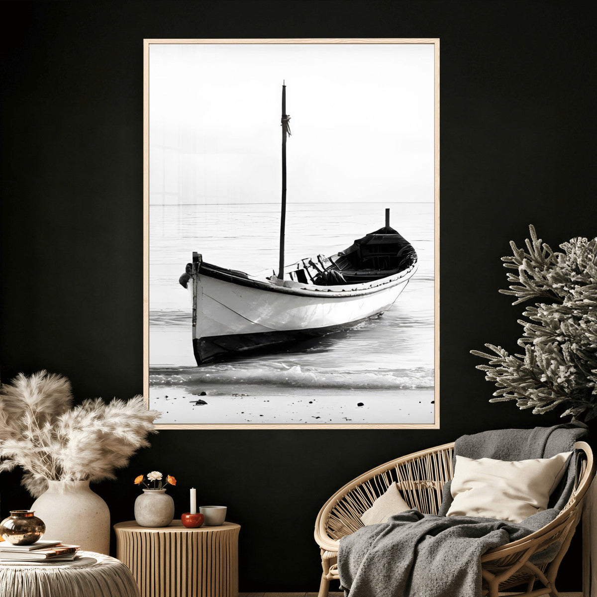 Minimal Boat Wall Art Canvas Print | Black and White Coastal Photography