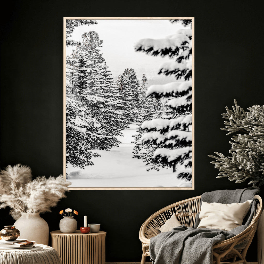 Winter Pine Forest Wall Art Canvas Print, Minimal Winter Landscape