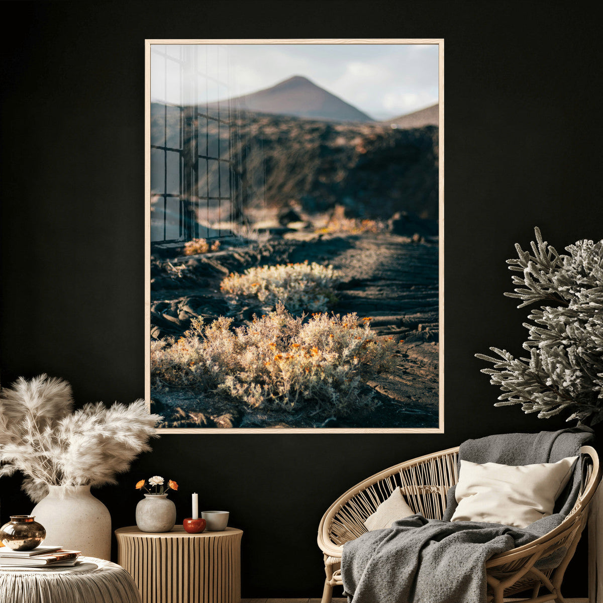 Desert Wall Art Canvas Print, Volcanic Landscape with Soft Wildflowers