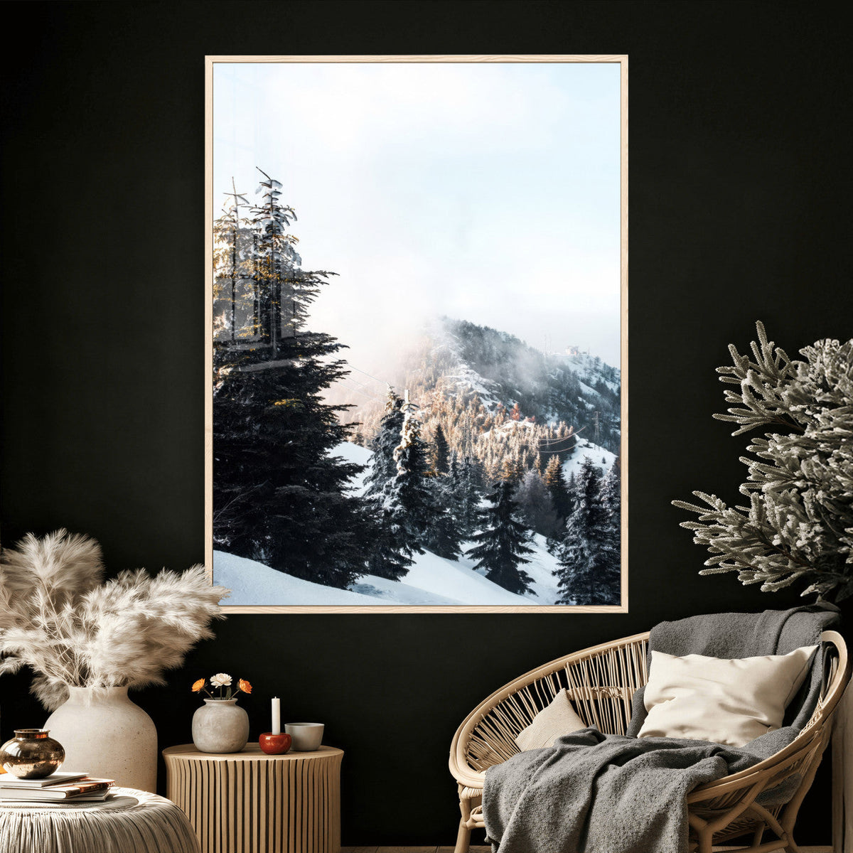 Snowy Mountain Forest Wall Art Canvas Print, Winter Pine Landscape
