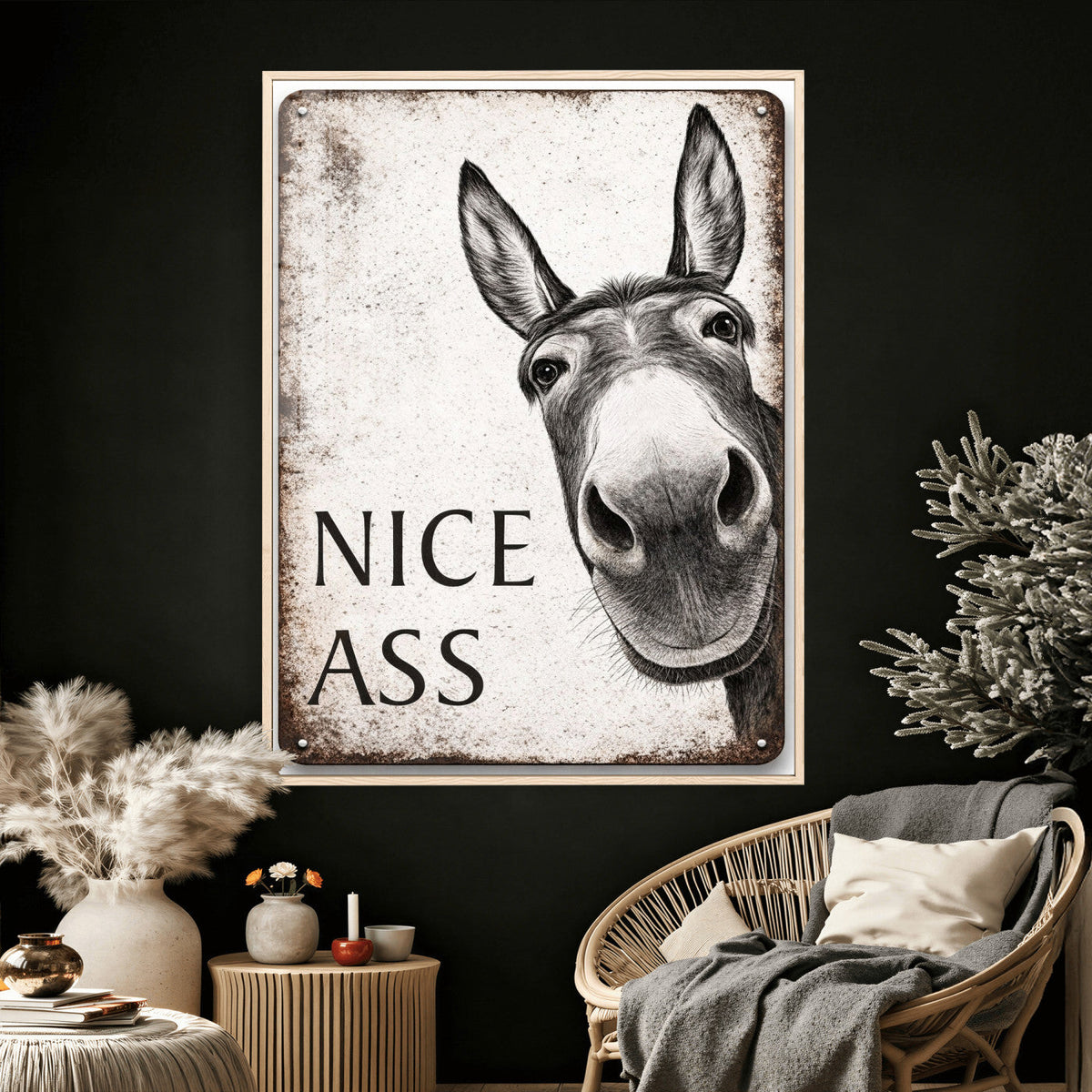 Funny Donkey Bathroom Wall Art Canvas Print, Nice Ass Farm Animal Sign