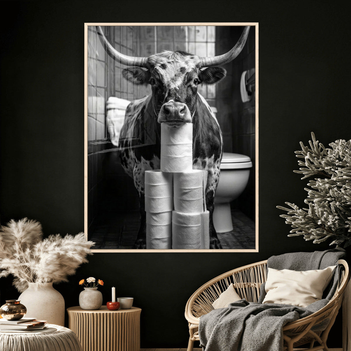 Texas Longhorn Cow Toilet Paper Canvas Wall Art, Funny Bathroom Decor