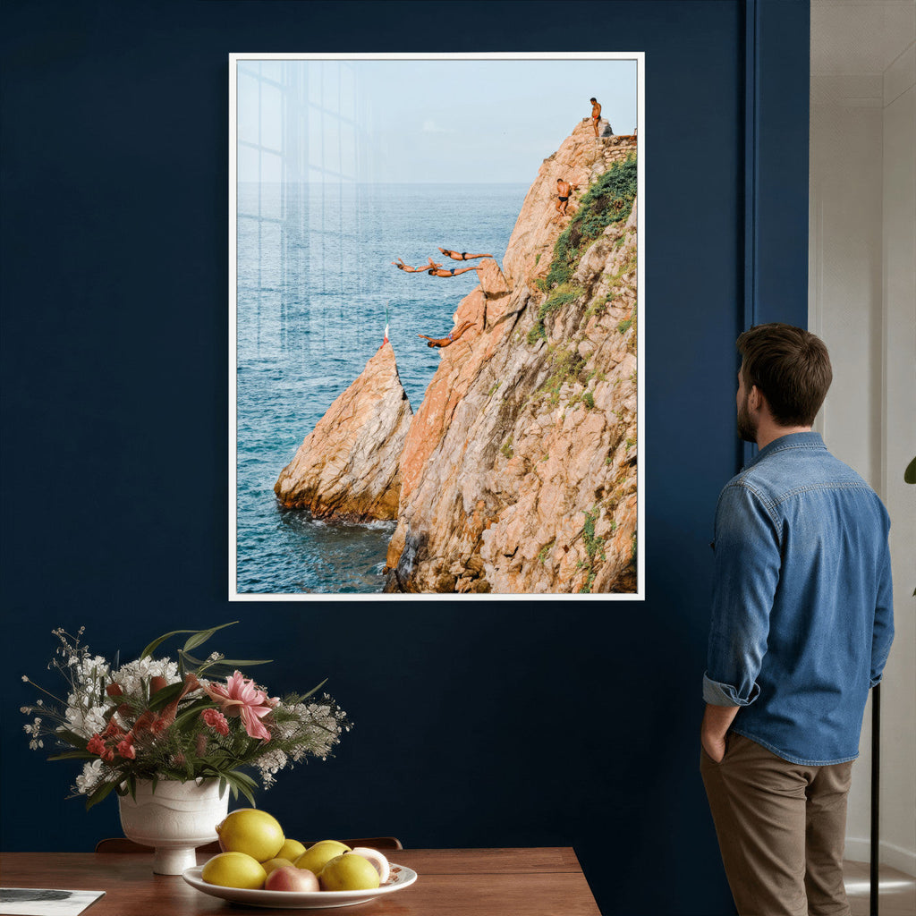 Cliff Dive Wall Art | Ocean Jump Canvas Print, Blue Sky