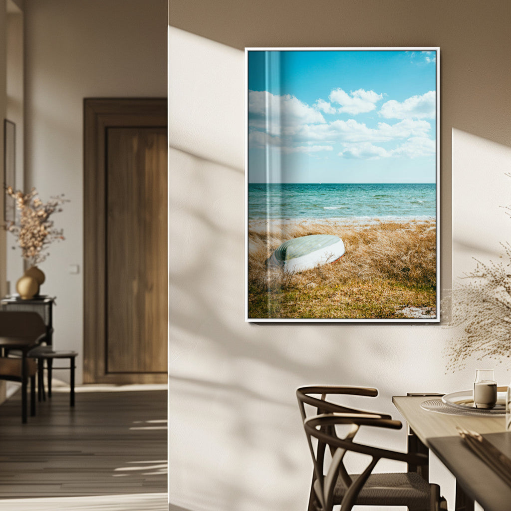 Coastal Serenity Wall Art Canvas Print, Framed Ocean View Art, Rustic Boat Nautical Coastal Decor