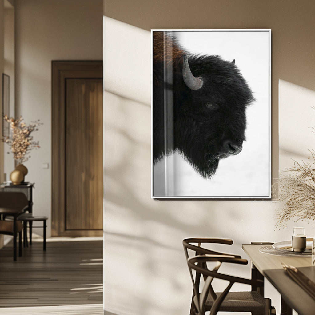 Western Rustic Wall Art Canvas Print, Framed Black and White Buffalo Photography, Wildlife Country Decor