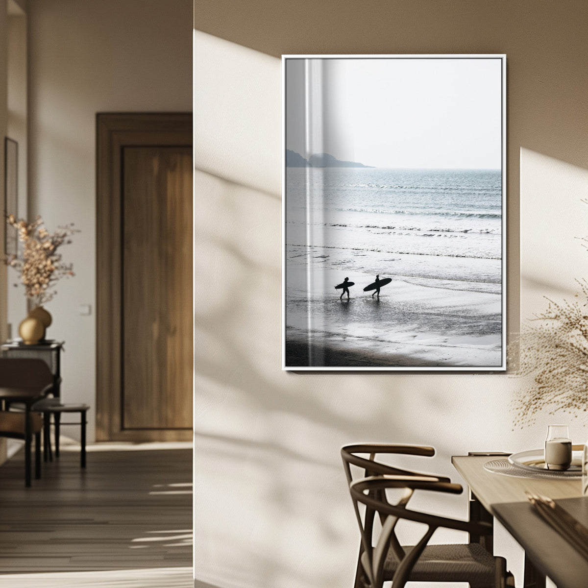 Surfer Silhouettes Wall Art Canvas Print, Framed Minimalist Ocean Art, Soft Horizon Coastal Decor