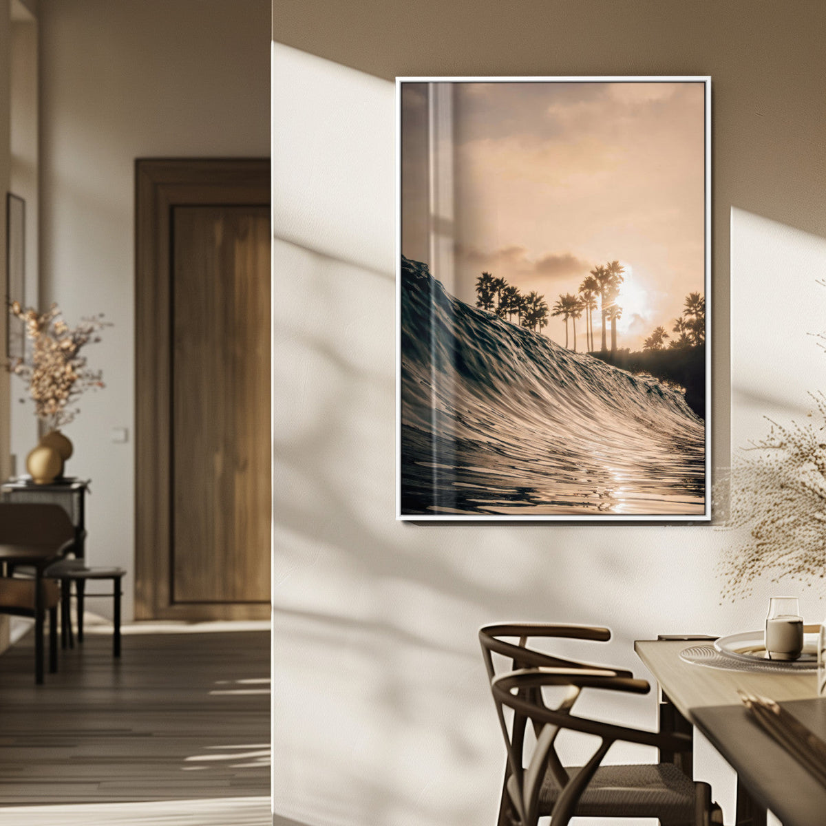 Sunset Wave Ocean Wall Art | Framed Palm Tree Canvas