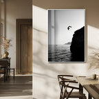 Silhouette Cliff Diver Wall Art | Framed Black White Ocean Canvas