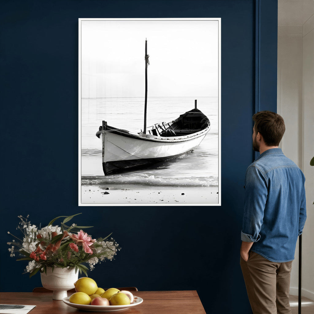 Minimal Boat Wall Art Canvas Print | Black and White Coastal Photography