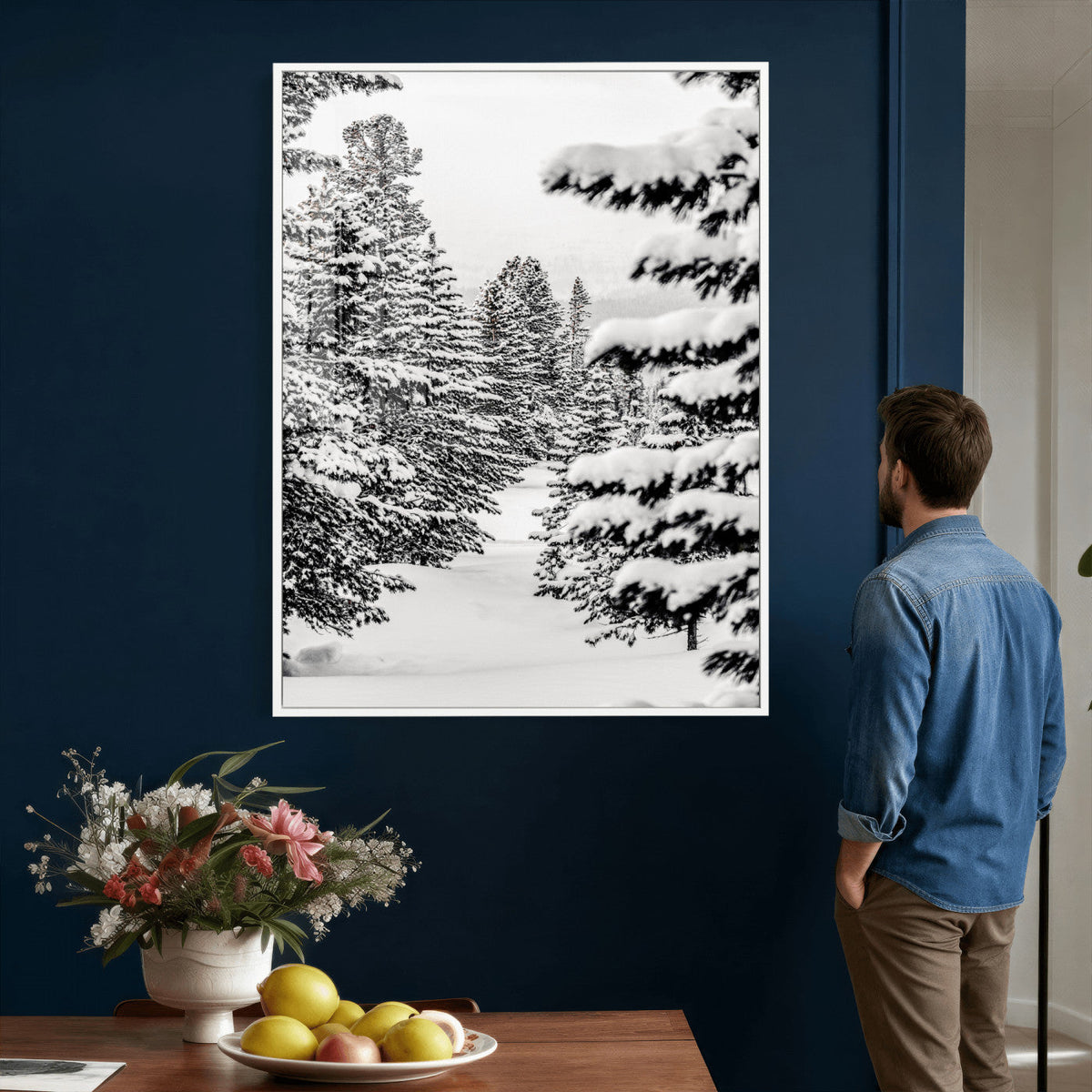 Winter Pine Forest Wall Art Canvas Print, Minimal Winter Landscape