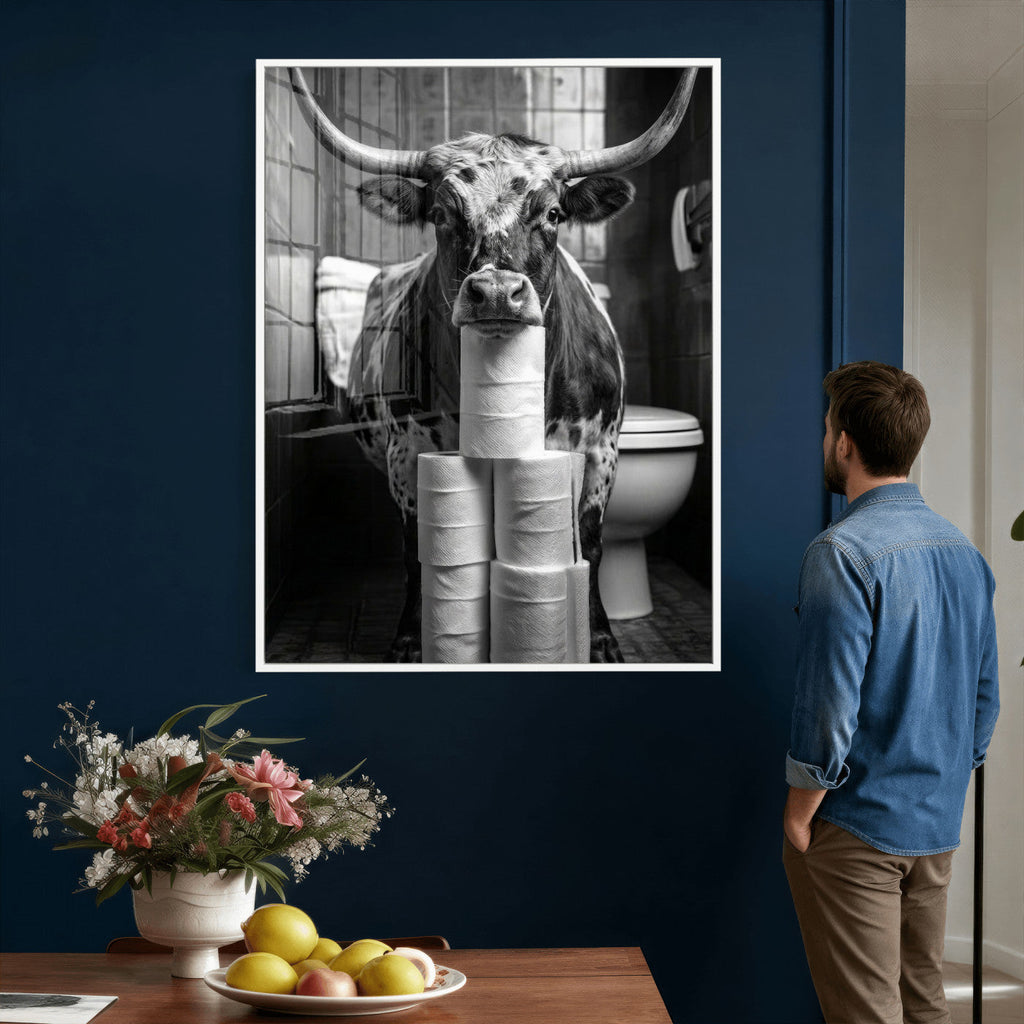 Texas Longhorn Cow Toilet Paper Canvas Wall Art, Funny Bathroom Decor