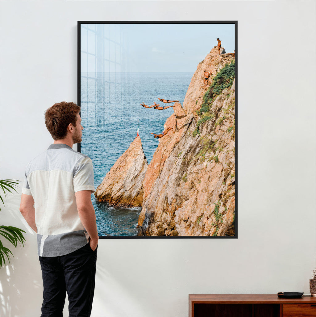 Cliff Dive Wall Art | Ocean Jump Canvas Print, Blue Sky