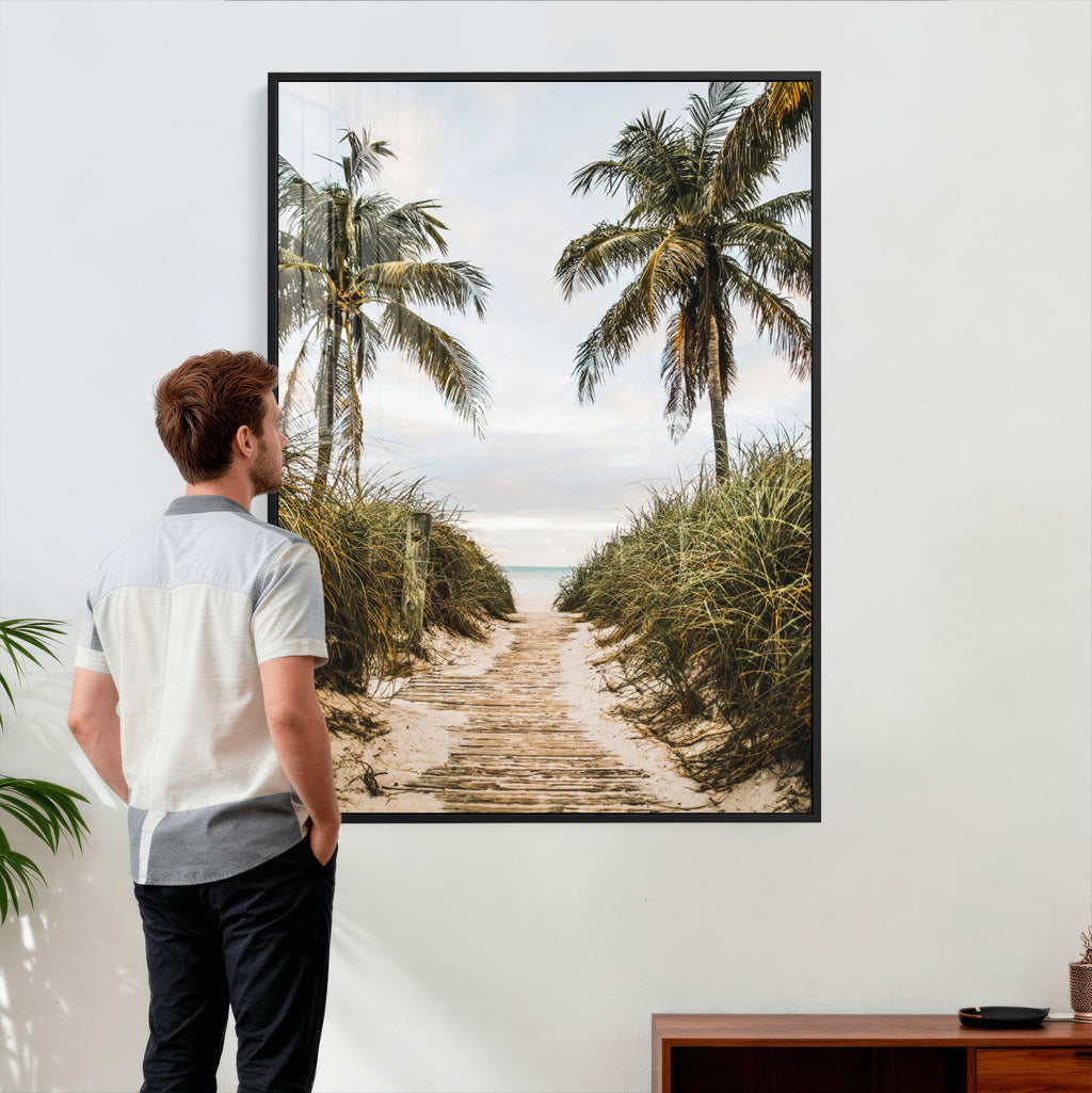 Tropical Palm Wall Art | Sandy Pathway Canvas Print, Ocean View