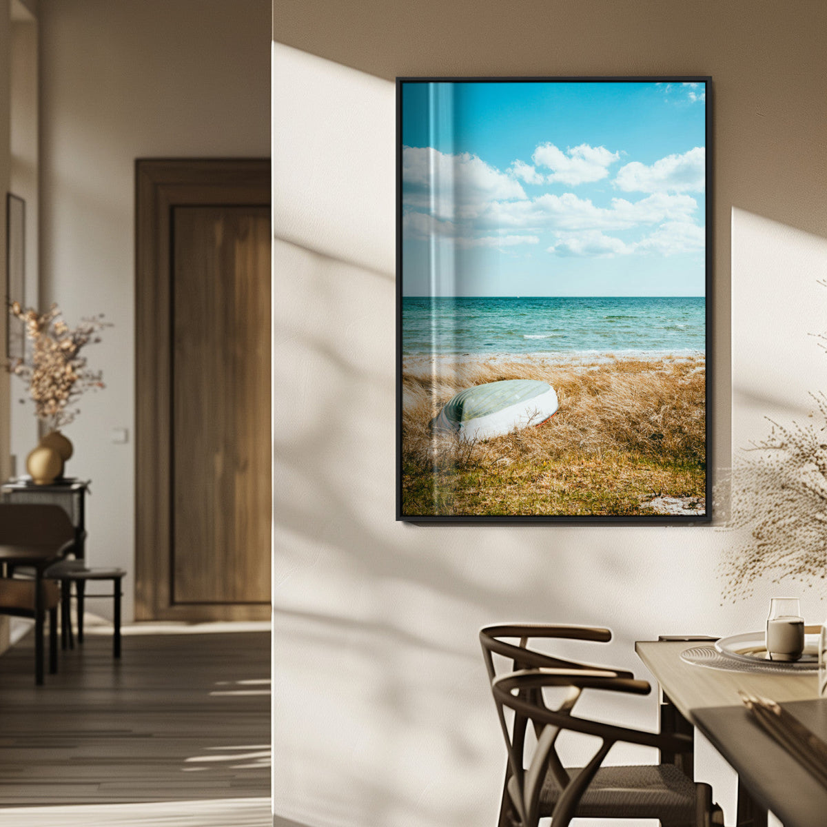 Coastal Serenity Wall Art Canvas Print, Framed Ocean View Art, Rustic Boat Nautical Coastal Decor