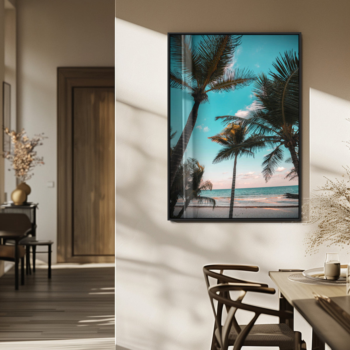 Palm Trees Wall Art Canvas Print, Framed Tropical Beach Art, Ocean Breeze Tropical Coastal Decor