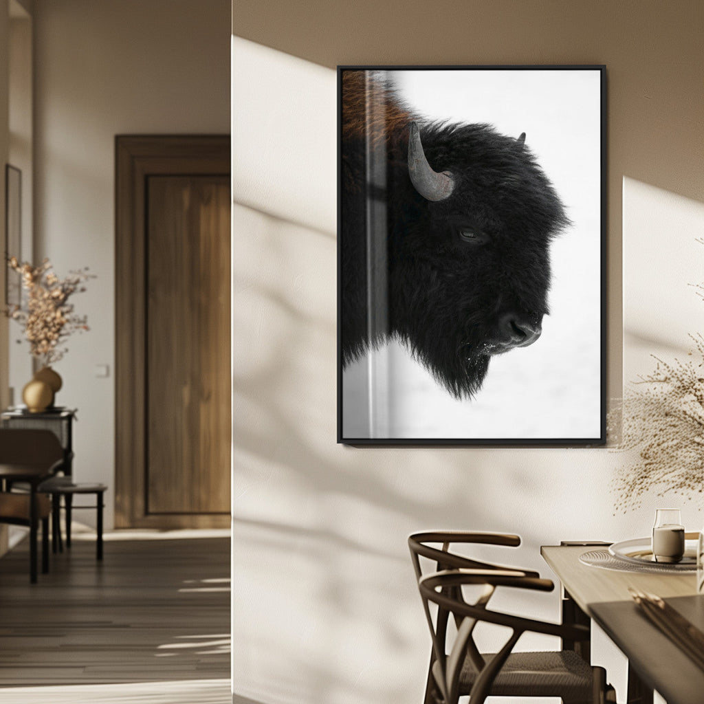 Western Rustic Wall Art Canvas Print, Framed Black and White Buffalo Photography, Wildlife Country Decor