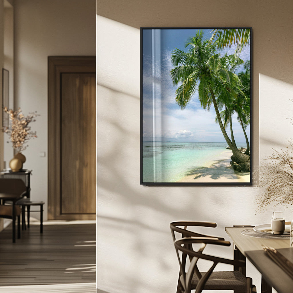 Tropical Beach Palm Trees Canvas Print, Framed Island Coastal Wall Art Ocean Horizon