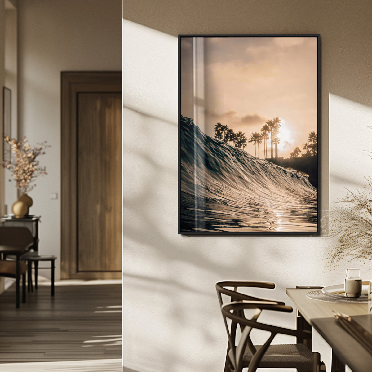 Sunset Wave Ocean Wall Art | Framed Palm Tree Canvas