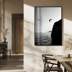 Silhouette Cliff Diver Wall Art | Framed Black White Ocean Canvas