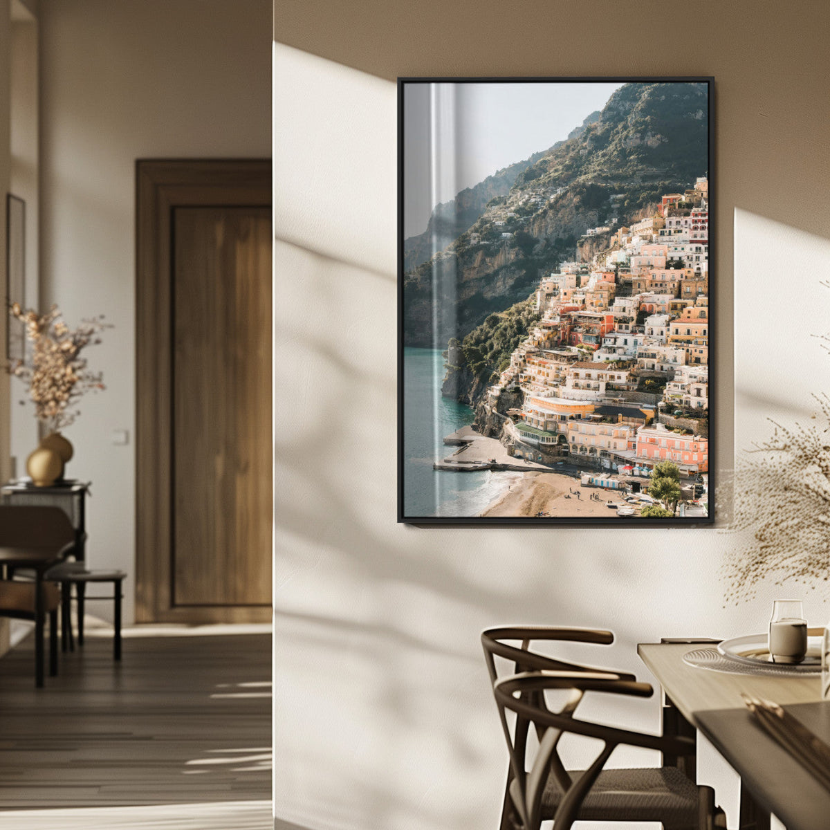 Mediterranean Coastal Cliffside Town Wall Art | Vibrant Seaside Canvas Print