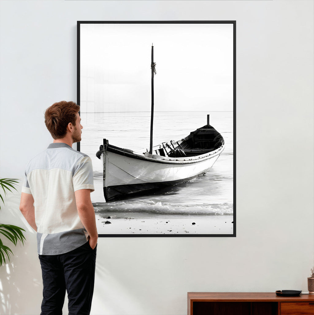 Minimal Boat Wall Art Canvas Print | Black and White Coastal Photography