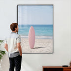 Pink Surfboard Canvas Wall Art, Minimalist Beach Photography