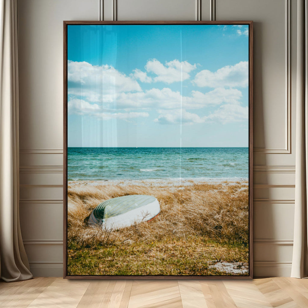 Coastal Serenity Wall Art Canvas Print, Framed Ocean View Art, Rustic Boat Nautical Coastal Decor