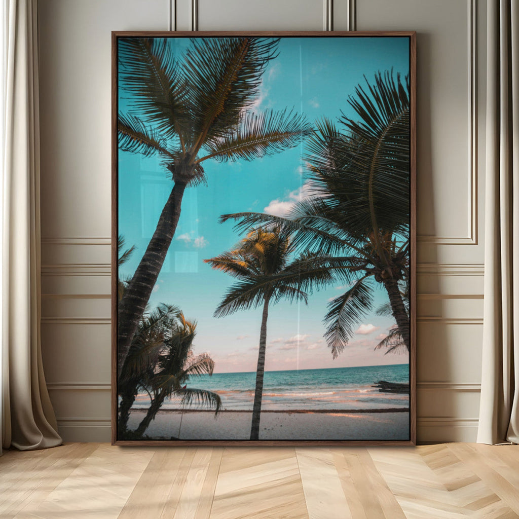 Palm Trees Wall Art Canvas Print, Framed Tropical Beach Art, Ocean Breeze Tropical Coastal Decor