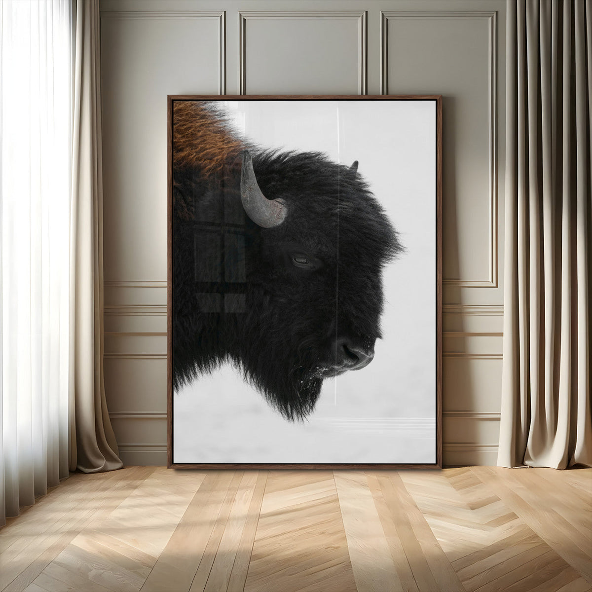 Western Rustic Wall Art Canvas Print, Framed Black and White Buffalo Photography, Wildlife Country Decor