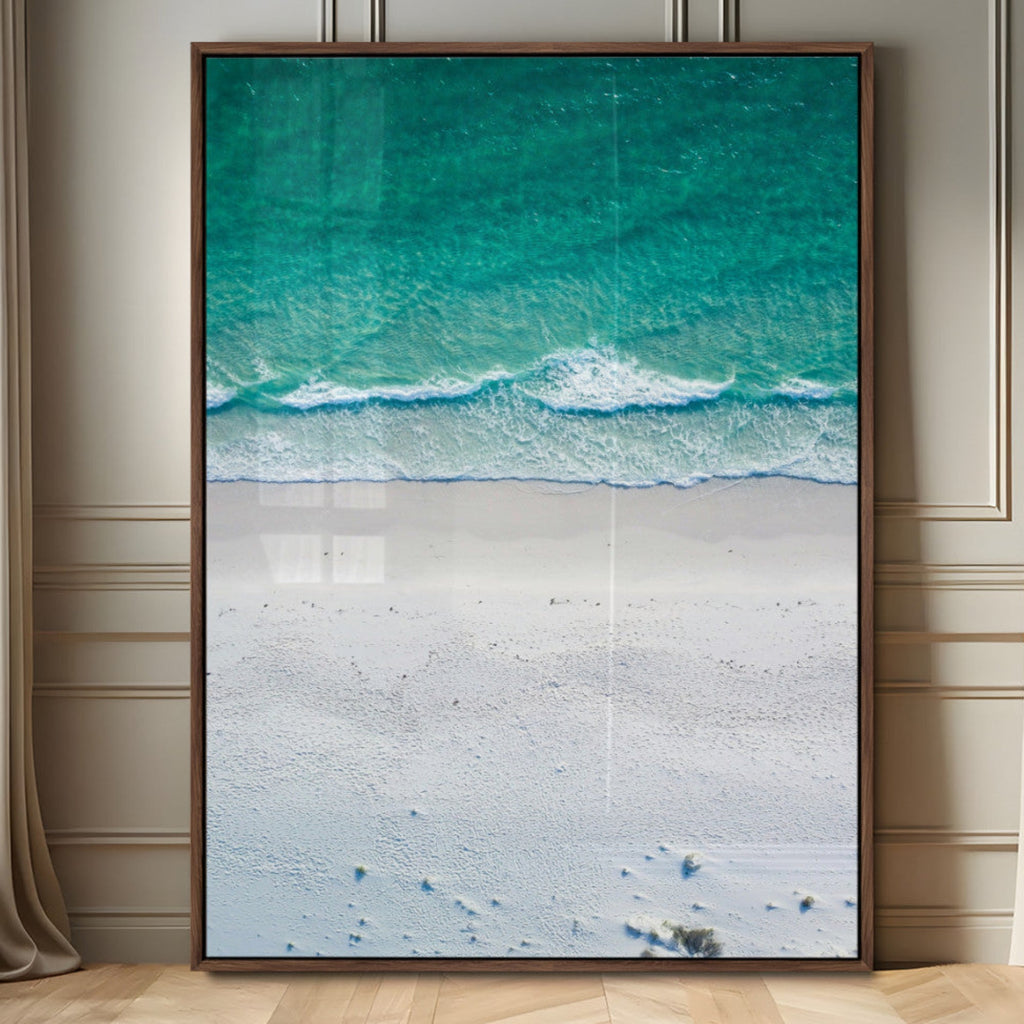 Turquoise Ocean Wall Art Canvas Print, Framed White Sand Shore Art, Gentle Waves Coastal Decor