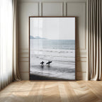 Surfer Silhouettes Wall Art Canvas Print, Framed Minimalist Ocean Art, Soft Horizon Coastal Decor