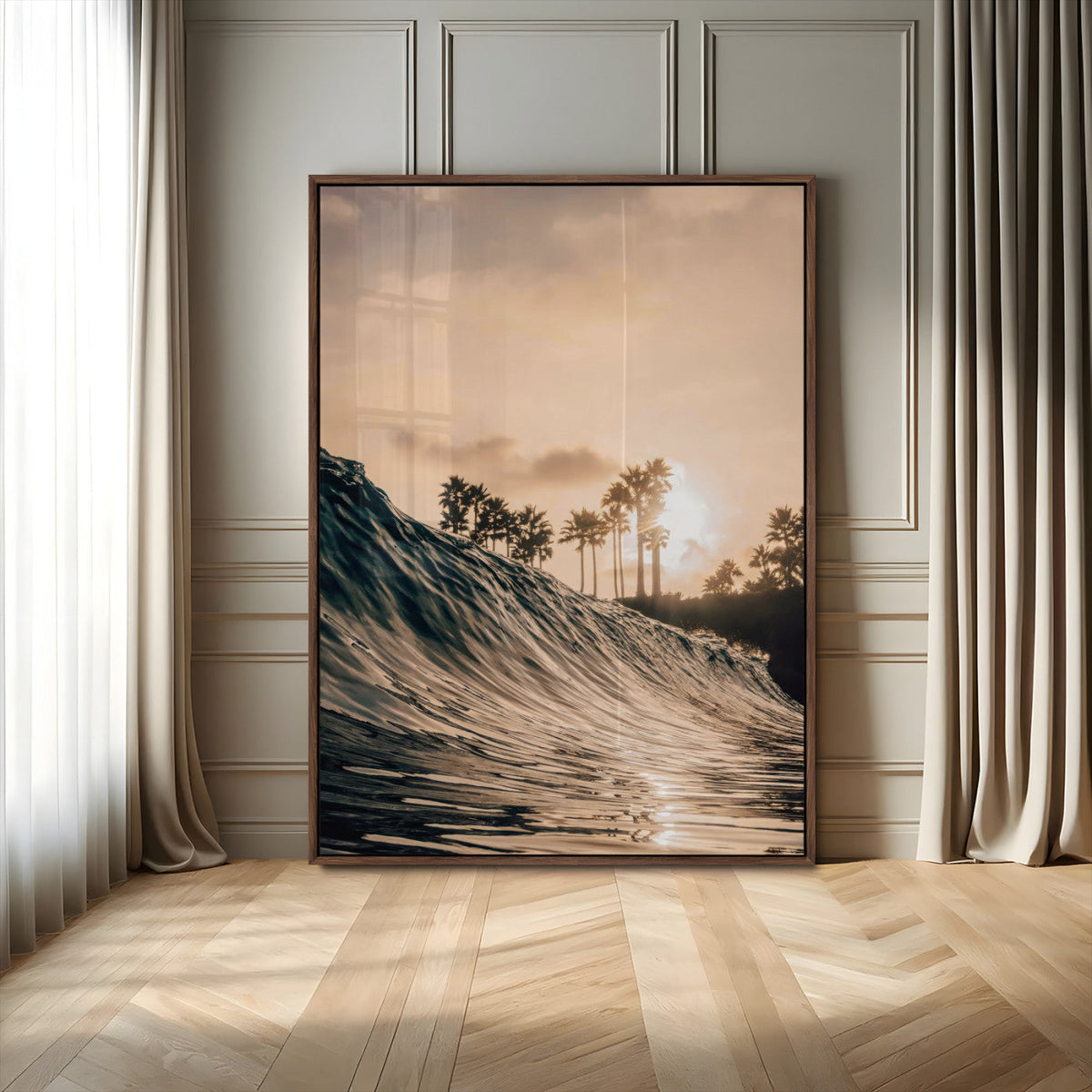 Sunset Wave Ocean Wall Art | Framed Palm Tree Canvas