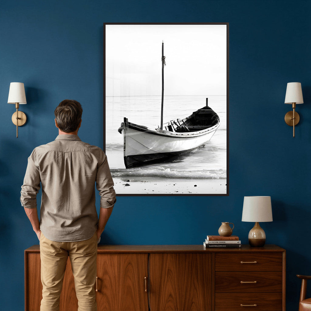 Minimal Boat Wall Art Canvas Print | Black and White Coastal Photography