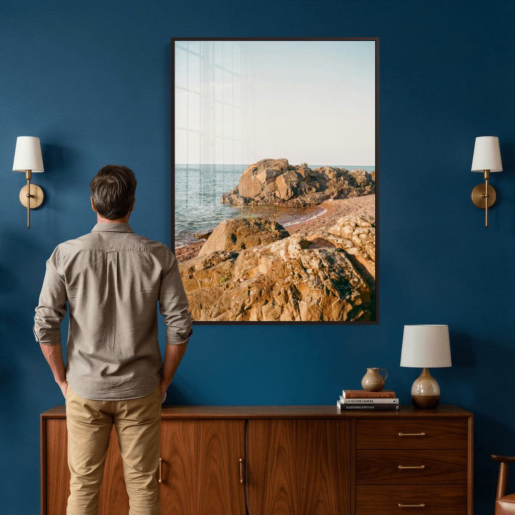 Rocky Coastline Wall Art Canvas Print, Minimal Coastal Landscape